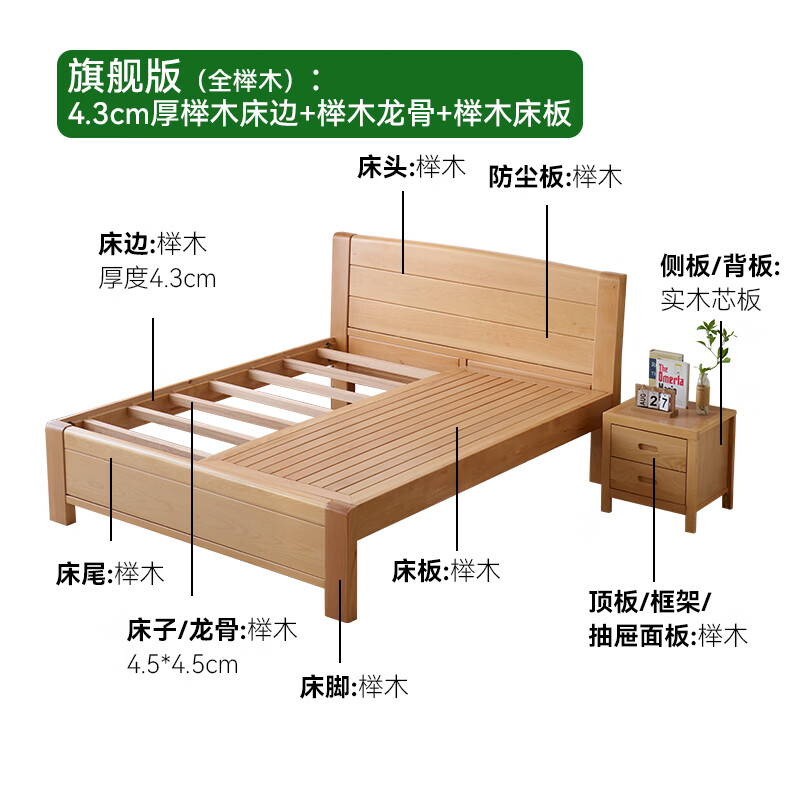 Virgin forest beech bed, all solid wood double bed, thickened simple solid wood large bed, beech furniture, log bed, master bedroom wedding bed, single bed, standard version 1.8*2.0 meters-2.7cm thick beech bedside + fir keel + pine bed board
