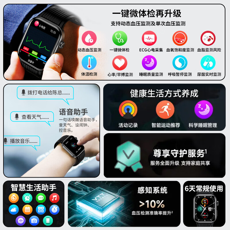 Lacawei high-precision blood pressure measurement watch, blood sugar, multifunctional health, non-invasive blood pressure, blood oxygen, heart rate, uric acid monitoring, smart watch, sports bracelet, suitable for Huawei OS system, air pump and airbag test, black silicone band S191, blood sugar, blood pressure, blood lipids, uric acid + pressure monitoring