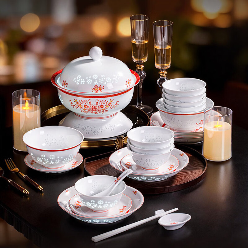 Manyuan Jingdezhen high-end 2026 new high-end exquisite exquisite porcelain housewarming gift tableware set light luxury bowl and plate set Wanhua eight treasures pattern exquisite 10-person configuration 58-piece set