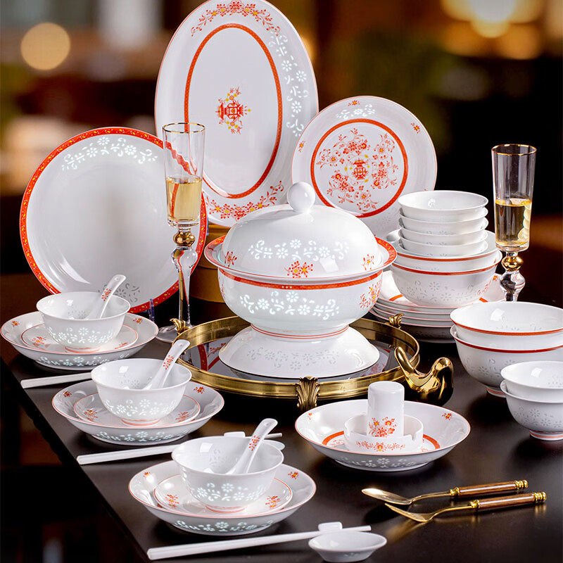 Manyuan Jingdezhen high-end 2026 new high-end exquisite exquisite porcelain housewarming gift tableware set light luxury bowl and plate set Wanhua eight treasures pattern exquisite 10-person configuration 58-piece set