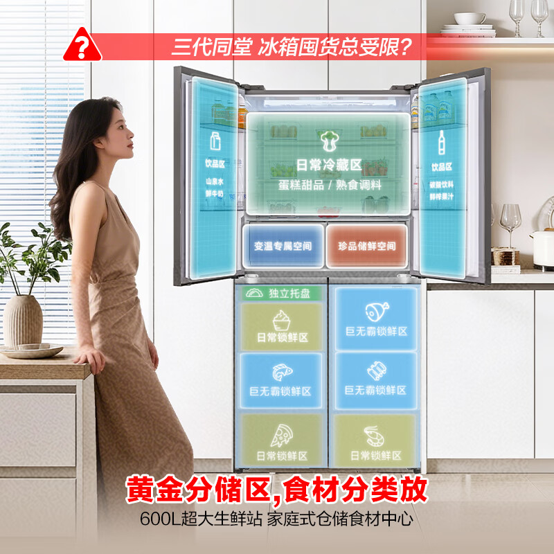 Ronshen Big Ice Elephant 600L dual system 60cm ultra-thin flat-mounted-36 C quick-freeze and sterilization cross four-door refrigerator first-class energy efficiency dual frequency conversion BCD-600P50CZGBX Snow Jiying