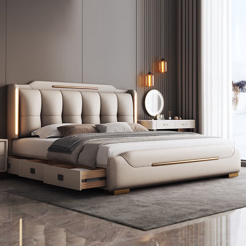 Light luxury style leather bed with light double bed 1m8 master bed 2m large bed wedding bed secondary bed 1m5 single bed bed + 5D honeycomb latex mattress + cabinet 1 + package installation 2.0*2.2m full bed bed frame