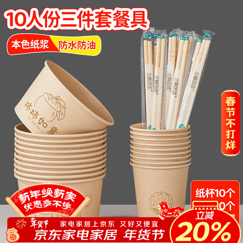 SHUANG YU disposable tableware set for 10 people, paper cup + paper bowl + chopsticks, picnic and camping disposable tableware
