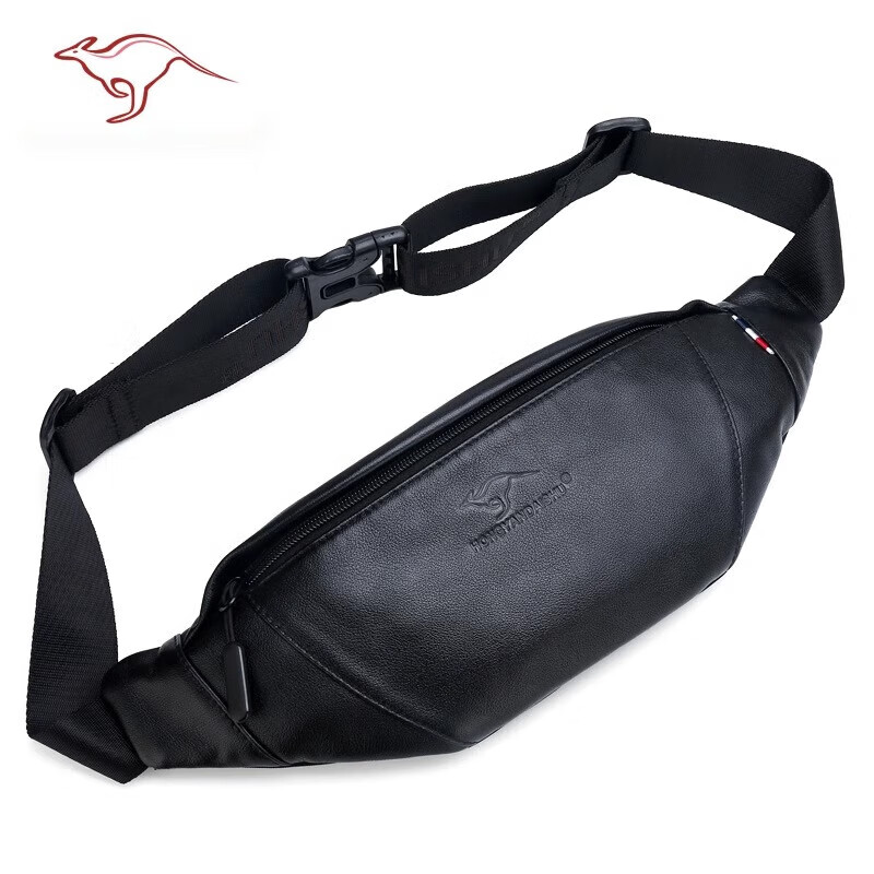 Kangaroo small waist bag men's cowhide sports running mobile phone bag trendy multi-functional casual waterproof crossbody bag chest bag style one black (front first layer cowhide / back cowhide