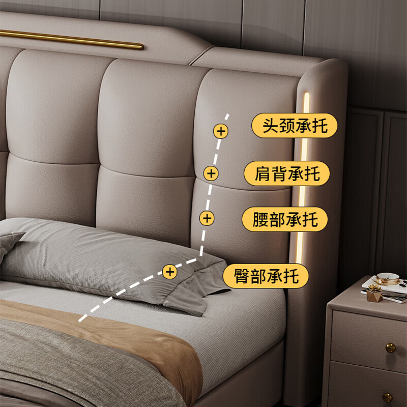 Light luxury style leather bed with light double bed 1m8 master bed 2m large bed wedding bed secondary bed 1m5 single bed bed + 5D honeycomb latex mattress + cabinet 1 + package installation 2.0*2.2m full bed bed frame