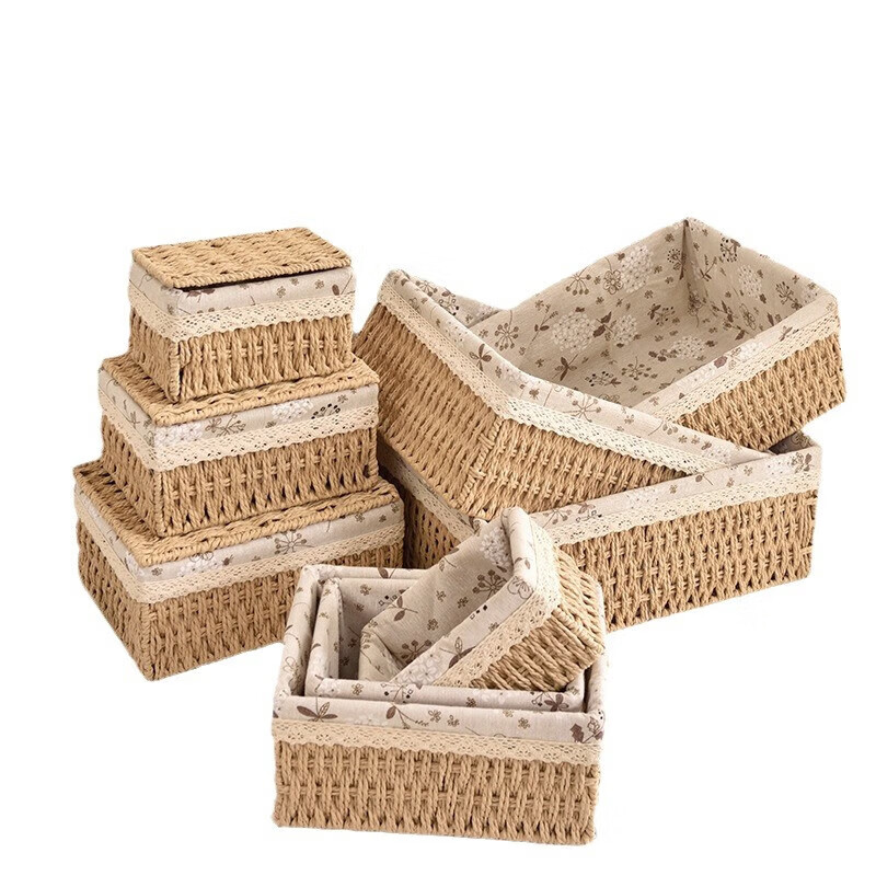 Woven storage basket desktop sundries, snacks, keys, mask storage box, fruit storage box, rattan Japanese-style storage basket, small wood color, without lid