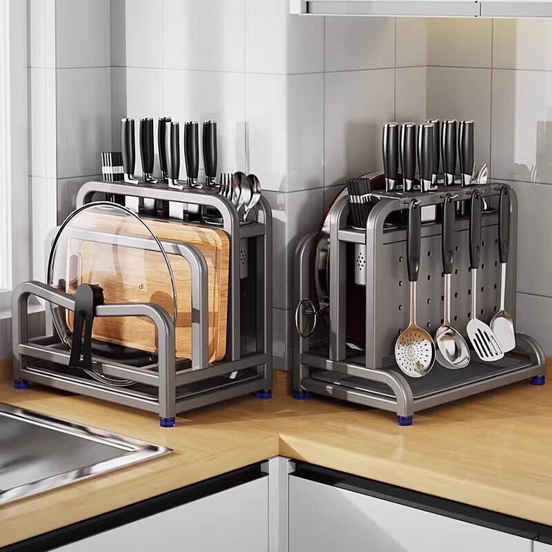 JCZS kitchen multifunctional storage rack knife holder 304 stainless steel chopping board knife multifunctional chopstick cage 304 heightening and widening knife guard + double chopstick barrel + pot lid holder + cutting board holder