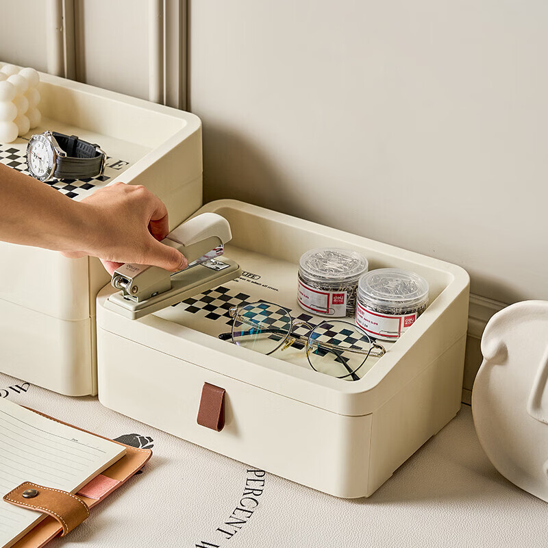 Desktop storage box, large capacity, entrance key storage rack, dormitory dressing table miscellaneous organization, drawer-type storage box, three layers - cream color