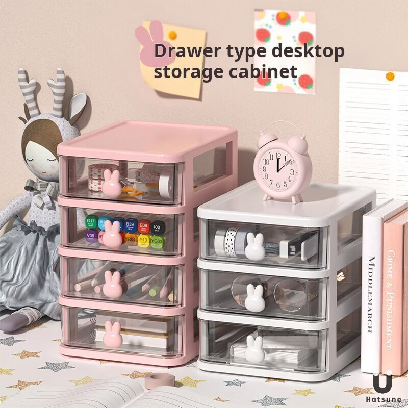 Zan Yingmei Storage Cartoon Desktop Box Transparent Small Drawer Desk Plastic Mini Storage Box Rabbit Stationery Organizing Box Desktop Storage 3 Layers 1 Set Colors Shipped Randomly
