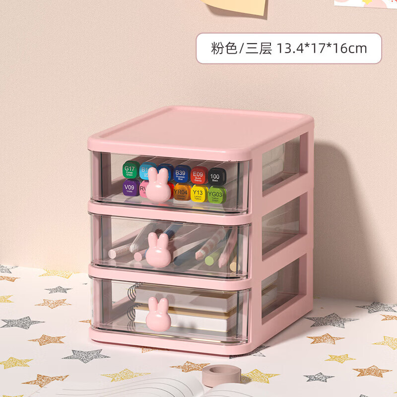 Zan Yingmei Storage Cartoon Desktop Box Transparent Small Drawer Desk Plastic Mini Storage Box Rabbit Stationery Organizing Box Desktop Storage 3 Layers 1 Set Colors Shipped Randomly