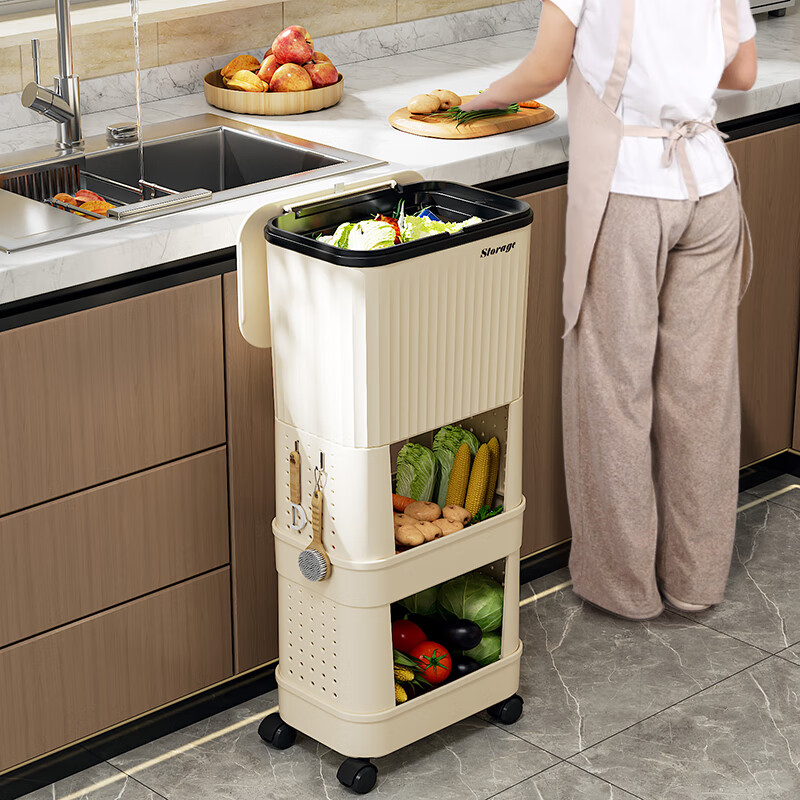 Japanese imported trash can for kitchen household large capacity with cover removable double-layer bend-free storage rack storage rack elegant white three layers (including 4 wheels, free garbage cover type 18L