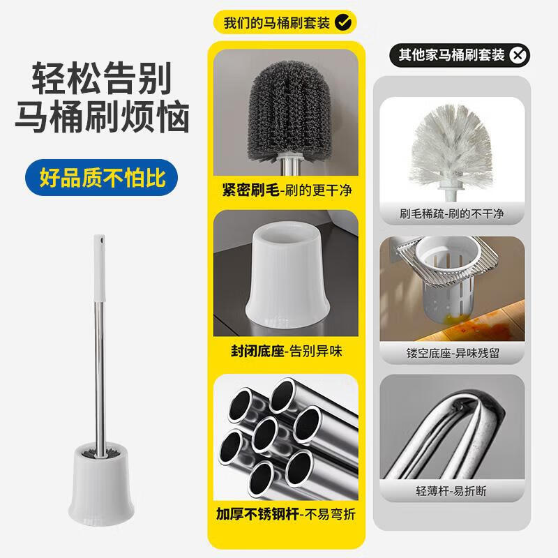 Zhibenxiong Toilet Brush Set, Extended Stainless Steel No-Dead Angle Cleaning Brush with Round Base, Special for Bathroom, Round Stainless Steel Rod Toilet Brush with Base, 1 Pack