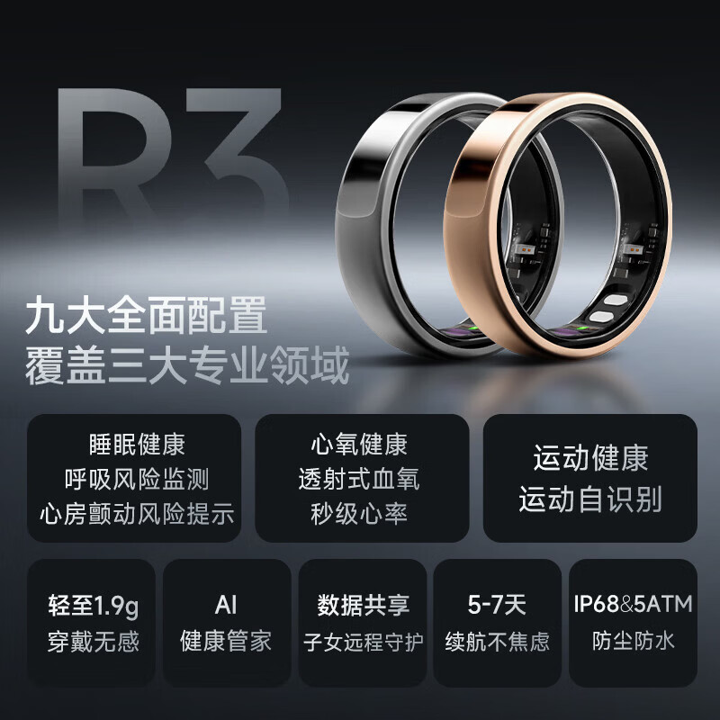 Yuwell Smart Ring Sleep Apnea Health Monitor Heart Rate Blood Oxygen Atrial Fibrillation Ring Gift Smart Health Ring R3 Space Gray No. 10 (19.8mm)