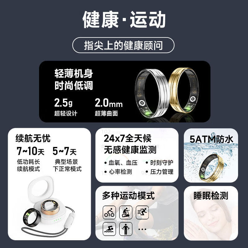 KPEPkpep health smart ring blood oxygen heart rate body temperature blood pressure male and female couple sports sleep monitoring remote control photo multi-functional health R16 Starlight Silver No. 8 inner diameter 18.1mm