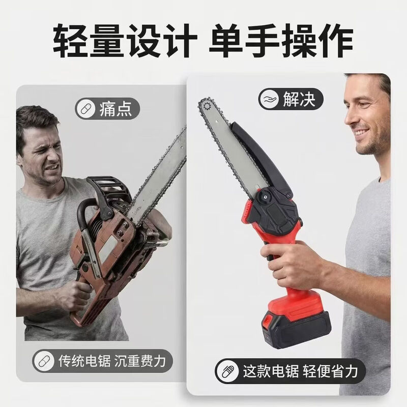 High-power high-speed chainsaw rechargeable portable lithium-ion chain saw outdoor wireless small logging hand saw for tree cutting and pruning 8-inch high-efficiency tree sawing king 898800H king battery life 2 batteries 2 chains newly upgraded high-power copper motor surging power