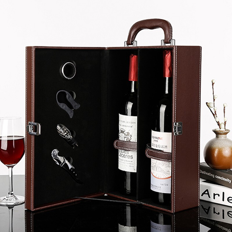 Yiniao red wine box leather box double wine gift box red wine universal packaging box with wine utensils empty box does not include wine brown one (with wine utensils, multi-bin straight hair, does not include wine)
