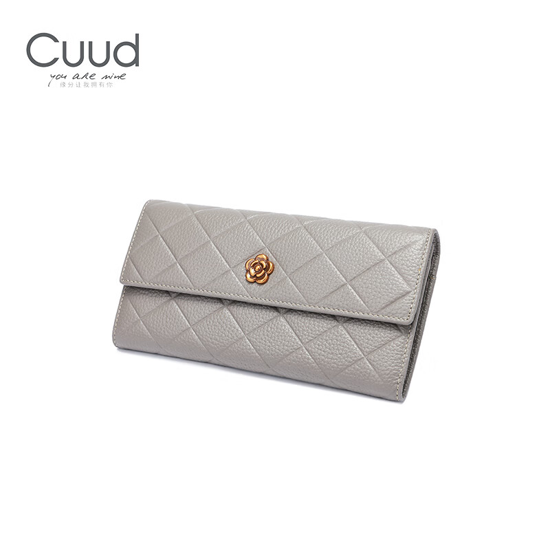 Cuud long women's wallet fashionable rhombus leather large capacity women's coin wallet bag birthday gift for girlfriend gray