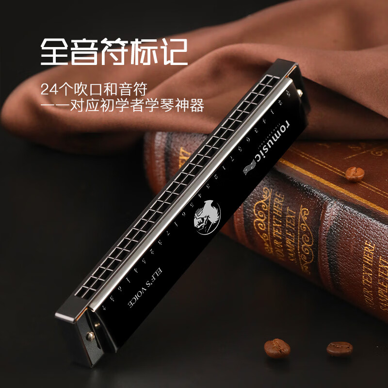 Romusic harmonica 24-hole polyphonic harmonica in C key for beginners (black) student teaching recommendation