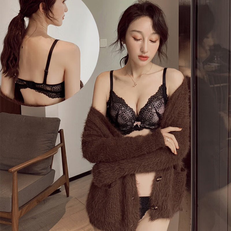 Maohuo (MAOHUO) Original Victoria Sexy Lace Temptation Beautiful Back Push-up Wireless Brand Bra Set Bra Bra Women Gray Purple Set Gift Box 75B