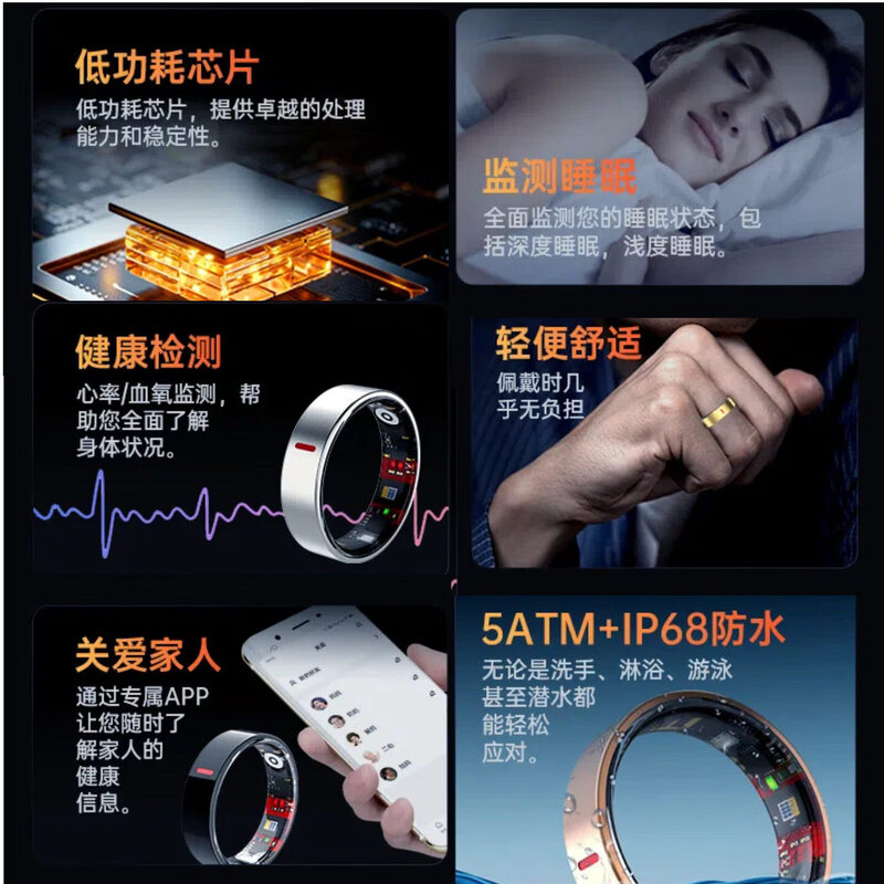 New non-invasive blood sugar and blood pressure smart ring, sleep, blood oxygen and heart rate, multiple sports modes, waterproof photo ring, rose gold, free charging compartment + health detection + sleep analysis + lightweight wearing, size 8, diameter 18, finger circumference 57