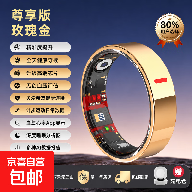 New non-invasive blood sugar and blood pressure smart ring, sleep, blood oxygen and heart rate, multiple sports modes, waterproof photo ring, rose gold, free charging compartment + health detection + sleep analysis + lightweight wearing, size 8, diameter 18, finger circumference 57