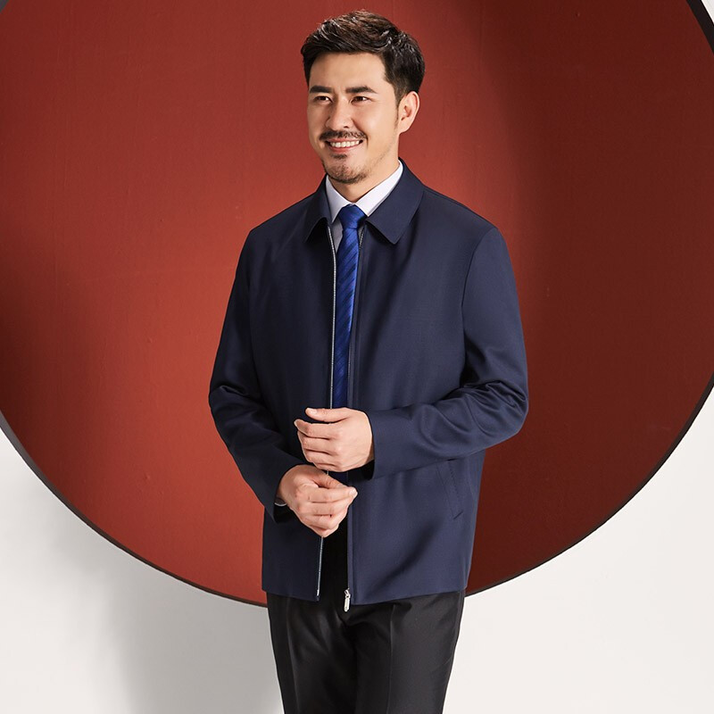 Hongdu wool mulberry silk jacket men's lapel zipper style work formal wear business jacket middle-aged men's jacket dark blue 88 wool 12 silk JT7819-1 M (170/88A)