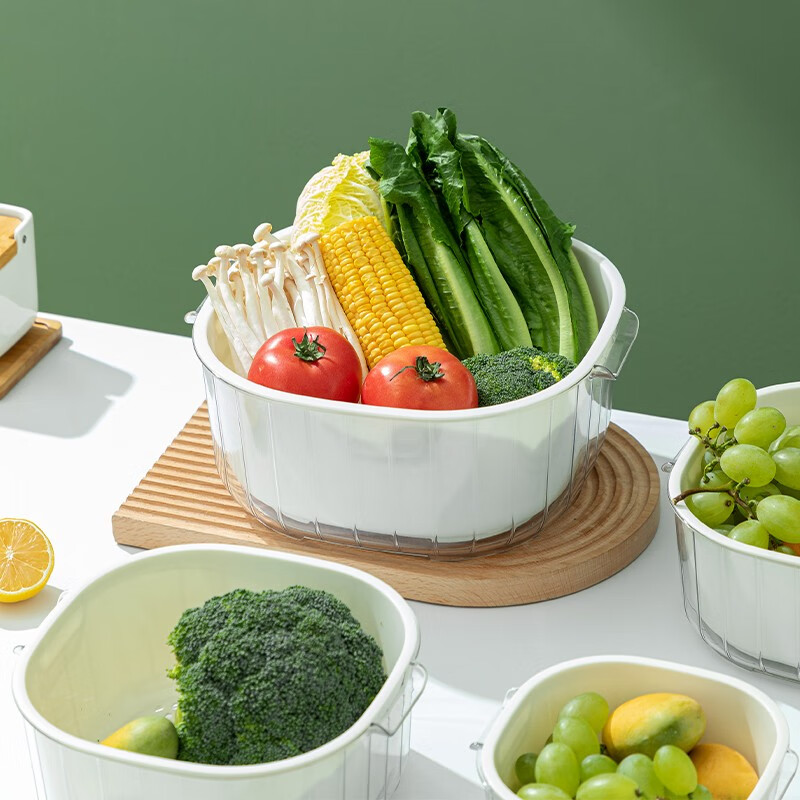 Sungsa vegetable sink drain basket kitchen double-layer vegetable basket storage basket filter water washing fruit artifact washing basin early summer white (2-piece basin sieve large size)
