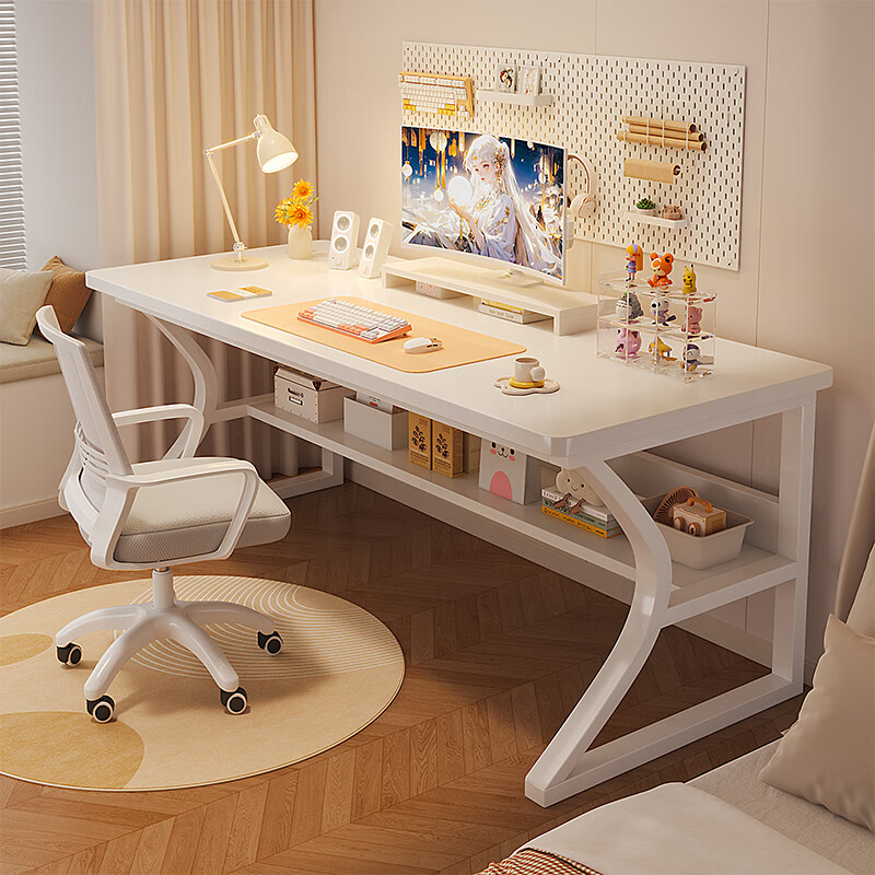 Humanities Chengjia computer desk desktop simple e-sports game table home office desk study table girls bedroom writing table C-shaped double-layer reinforced white 80*50cm single table