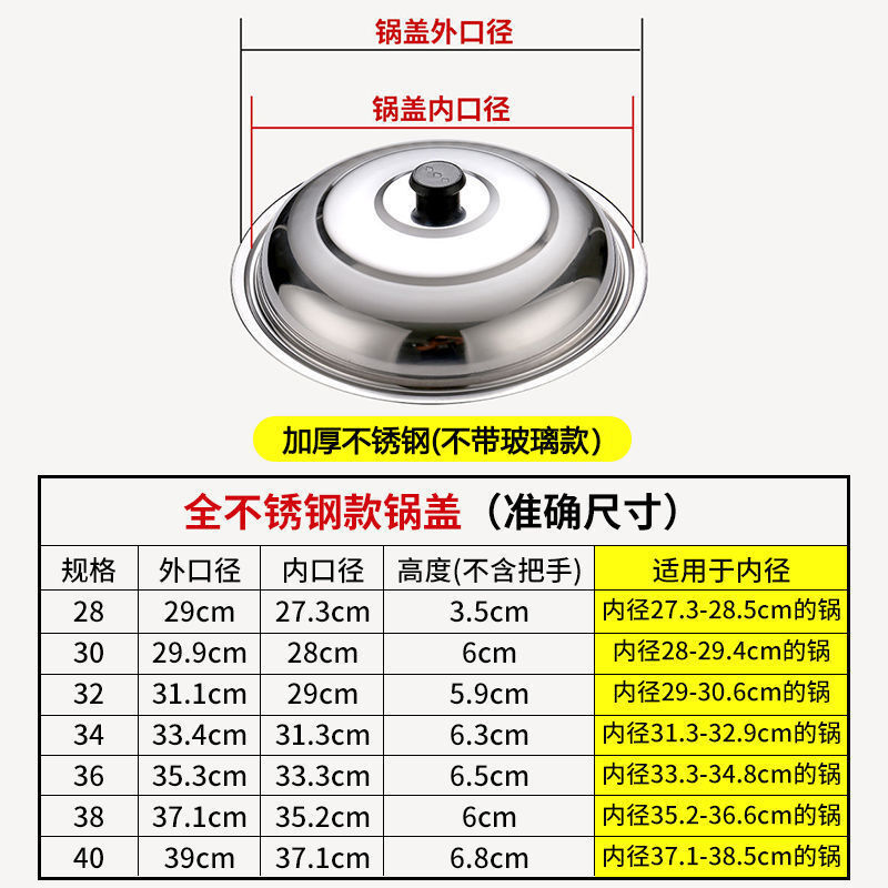 Kaiyao stainless steel pot lid, universal small pot lid for cooking pot, household tempered glass pot lid, high temperature resistance for cooking, glass-free version, suitable for inner diameter 31.8-33, lid 34cm