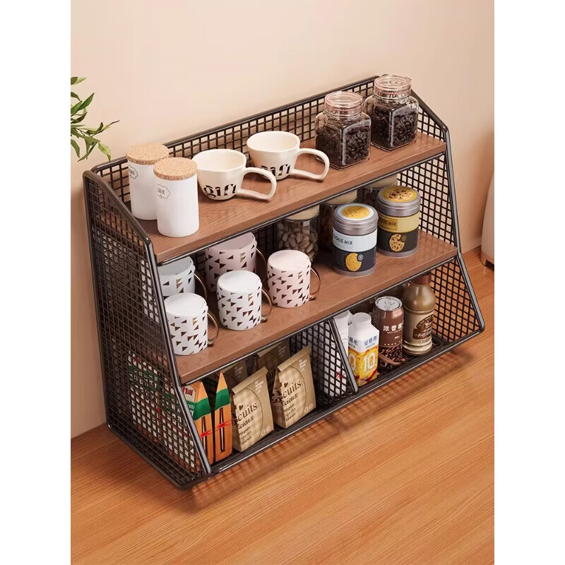 Desktop storage rack on the dining table to store artifacts floor-standing snack rack on the table kitchen countertop seasoning multi-layer organizer double-layer large black walnut board double grid