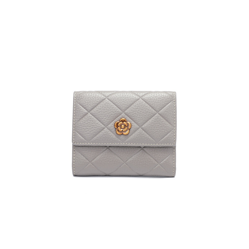 Cuud rhombus pattern short wallet for women, fashionable cowhide coin, multiple card slots, card holder, integrated wallet, birthday gift for girlfriend, gray