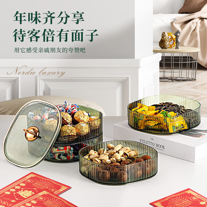 Baicaoyuan Candy Box Fruit Plate Melon Seeds Dried Fruit Nut Fruit Plate Compartment Snack Storage Box Living Room Light Luxury Green Three-Layer Cover