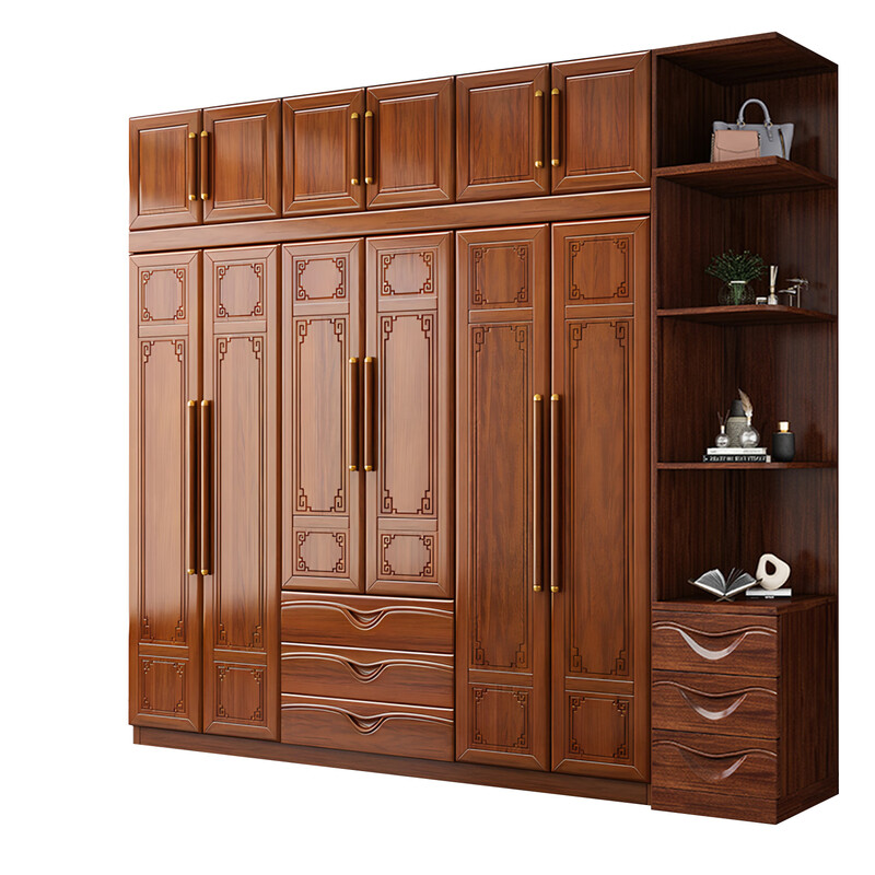 Hengyun Wardrobe New Chinese Style Golden Rosewood Wardrobe with Drawers Bedroom Home Locker Top Cabinet Wardrobe Z8628-1 Six-Door Wardrobe with Center Drawer Golden Rosewood