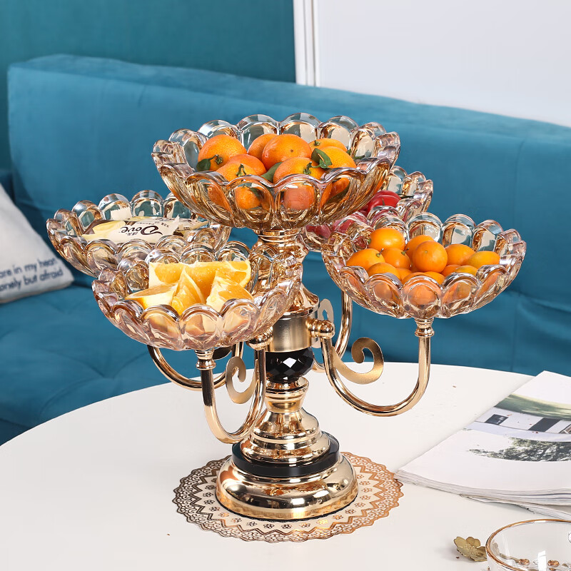 Flower Language Four Seasons European Crystal Glass Multi-layer Rotating Fruit Plate Modern Home Living Room Coffee Table Luxurious Snack Candy Plate Ornaments Five-Connect Plate Ceramic Base Rotatable