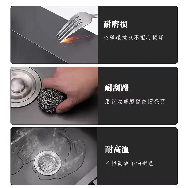 Jiumuwang thickened 304 stainless steel sink large single-slot wash basin home kitchen sink three-hole black nano three-hole basin black 80*45 pull-out faucet package