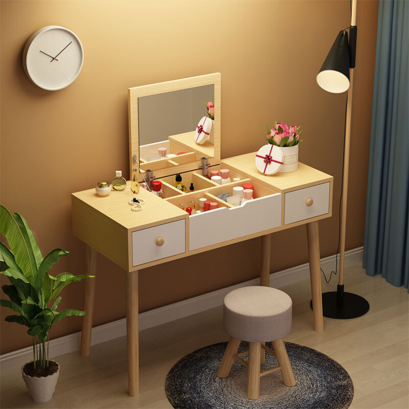 City Roof Simple Dressing Table Mini Makeup City Roof Simple Dressing Table Mini Makeup Cabinet Mirror Flip With Stool 90cm Double Pumping Wood Grain White