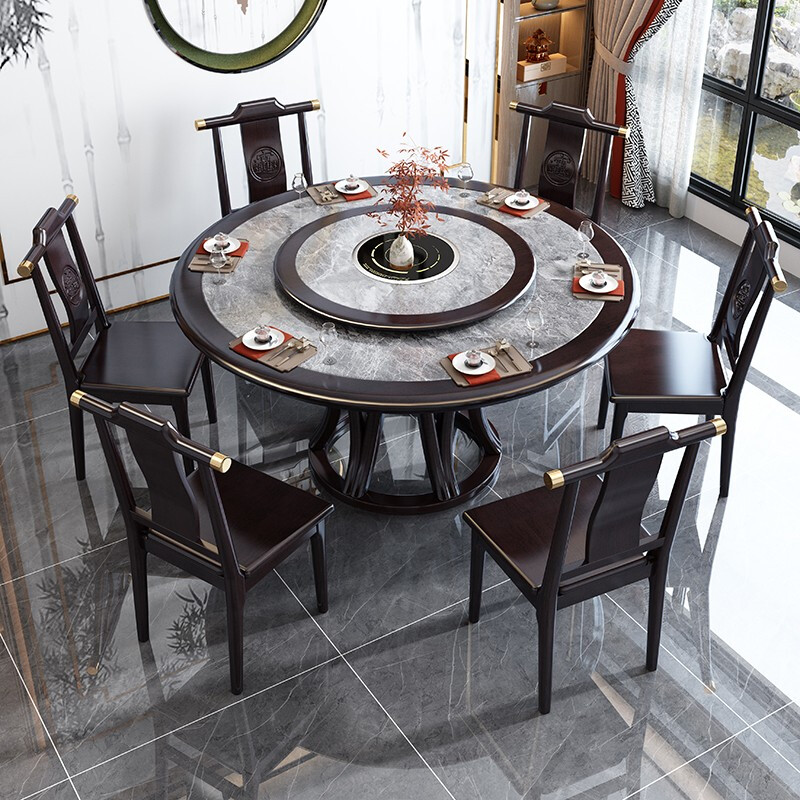 Taicai new Chinese style solid wood slate hot pot table with turntable induction cooker home large round table round restaurant dining table black purple (normal style) 1.8m dining table + 12 chairs with 1.2m turntable
