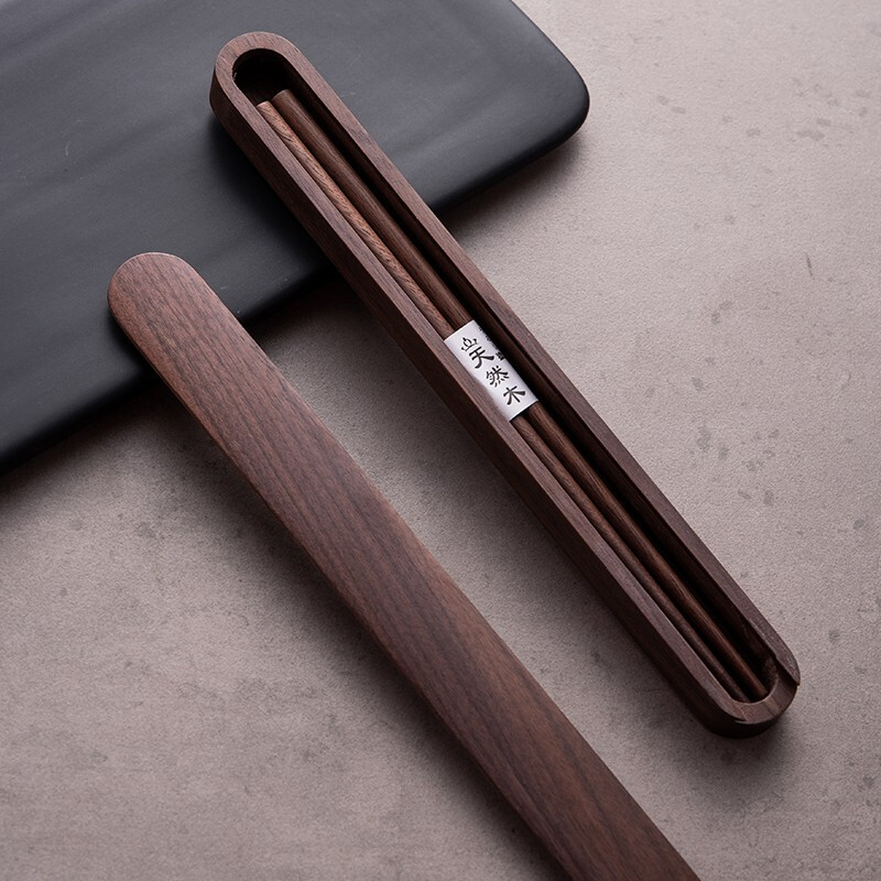 Durable walnut chopstick box portable tableware set Japanese environmentally friendly chopstick box single high-end student portable chopstick box walnut (1 chopstick + 1 box)