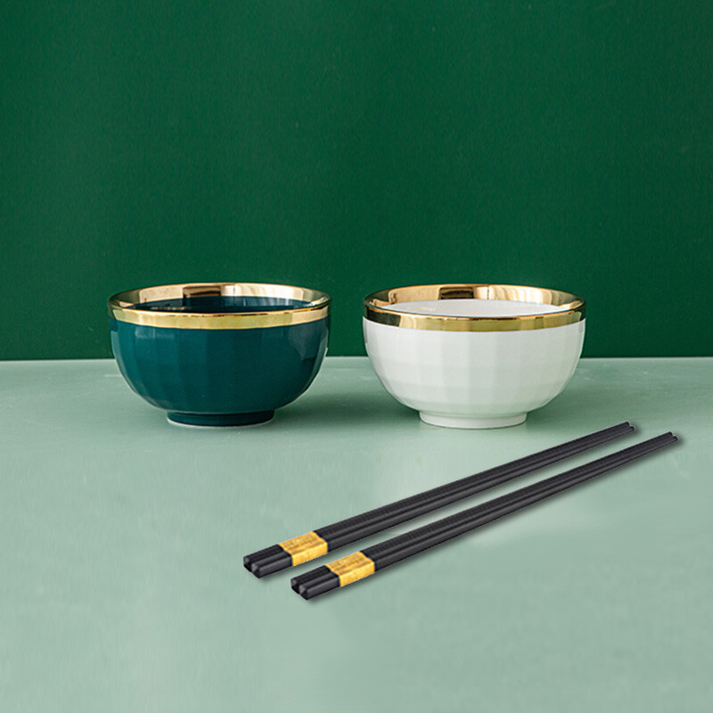 SUMEIJI gift bowl and chopsticks set, ceramic light luxury bowl set, gift to customers for annual meeting, employee benefits, souvenirs, store celebration prizes, gold-plated 4.5-inch bowl, 1 white, 1 green, 2 chopsticks