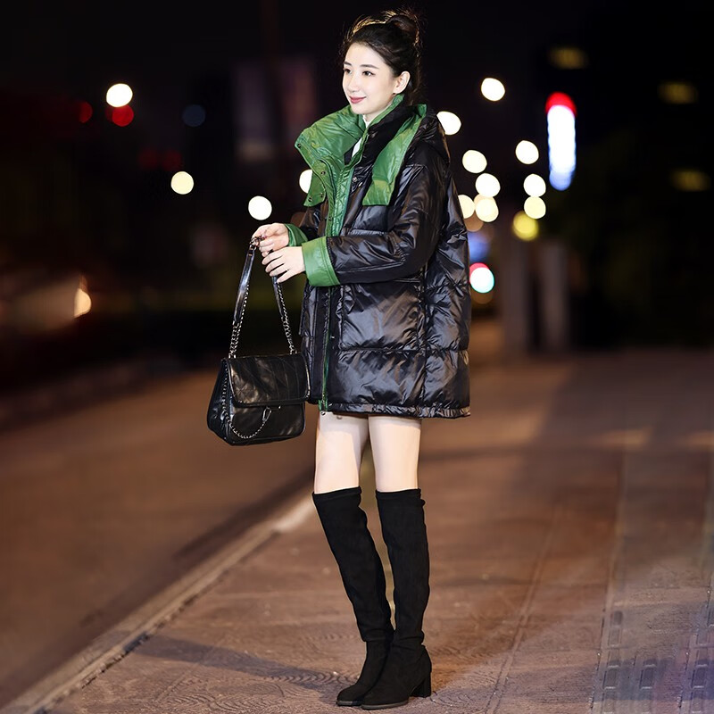 Xiuzhi (xiuzhi) no-wash glossy down jacket women's mid-length 2025 winter new thickened and warm little white duck down jacket black S 90-128 pounds or less