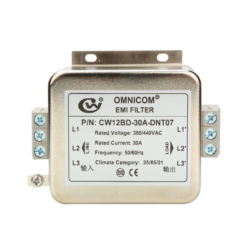 Taiwan omnicom three-phase 380V power filter terminal rail installation anti-interference filter CW12BD-30A-DNT07 30A flat installation three-phase three-level easy wiring terminal