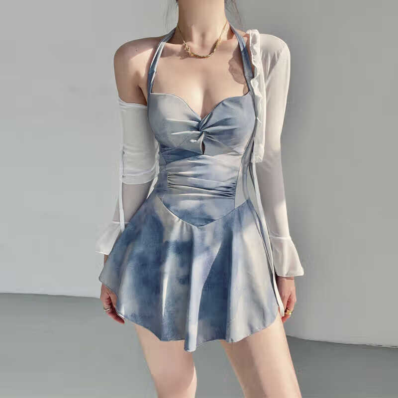 Yu Zhaolin swimsuit women's one-piece backless hot spring tie-dyed hot girl style halterneck skirt style swimsuit for women to cover belly and slimming