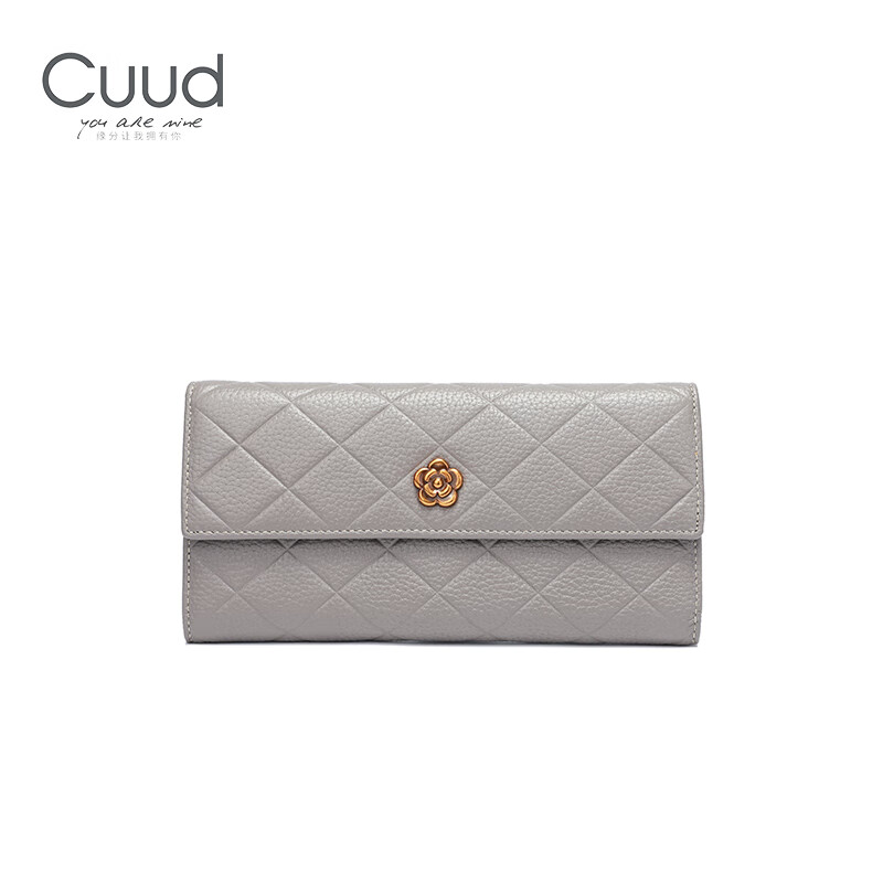 Cuud long women's wallet fashionable rhombus leather large capacity women's coin wallet bag birthday gift for girlfriend gray