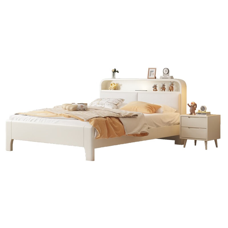 OCALSTAR simple and modern girl's white solid wood children's bed princess teen bed bedroom with night light storage bed bed + 10cm environmentally friendly brown mat (sleeping feeling is firm) 1.5*2 meters (frame type)