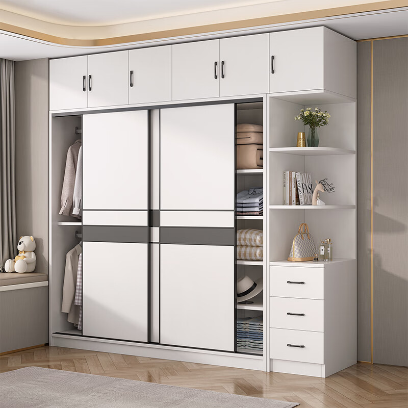 Xucai Wardrobe Bedroom Two Doors Three Doors Solid Wood Sliding Door Wardrobe Simple Storage Sliding Door Large Wardrobe Rental Room Three Doors 1.8 Meter Main Cabinet + Top Cabinet + Side Cabinet