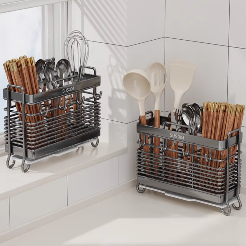 Mu quality 304 stainless steel chopstick barrel household chopstick storage box chopstick cage wall-mounted kitchen spoon storage rack gun gray 3 compartments K-18 table + with 4 hooks