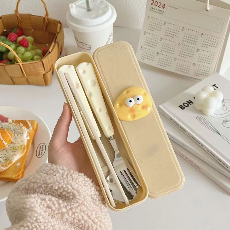AISHUBEI cute cheese spoon ins style cheese fork office portable tableware dormitory dessert spoon fruit fork set cute cheese-spoon + fork