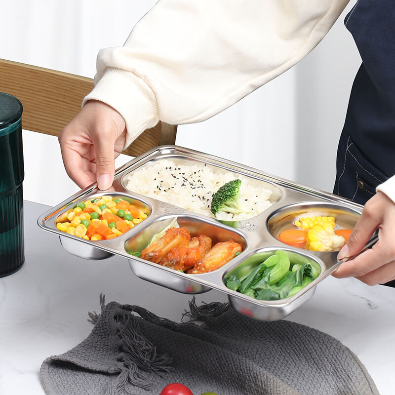 Baijie 304 stainless steel dinner plate, adult lunch box, 5 compartments, deepened and thickened compartments, fast food plate, children's student lunch box