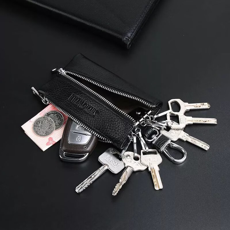 Kuqi Kangaroo Key Bag Men's Genuine Leather Zipper Waist Hanging Multifunctional Large Capacity Car Key Bag Storage Bag Key Bag Women Black