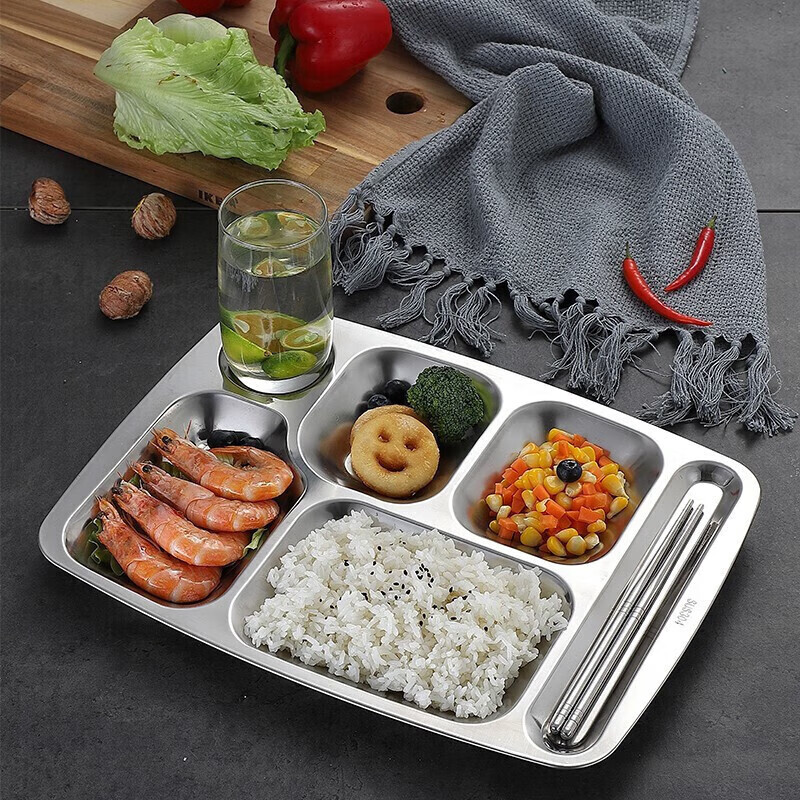 MAXCOOK 304 stainless steel dinner plate with compartments, fast food plate, student lunch box, five or six compartments, large thickened six compartment dinner plate MCFT786